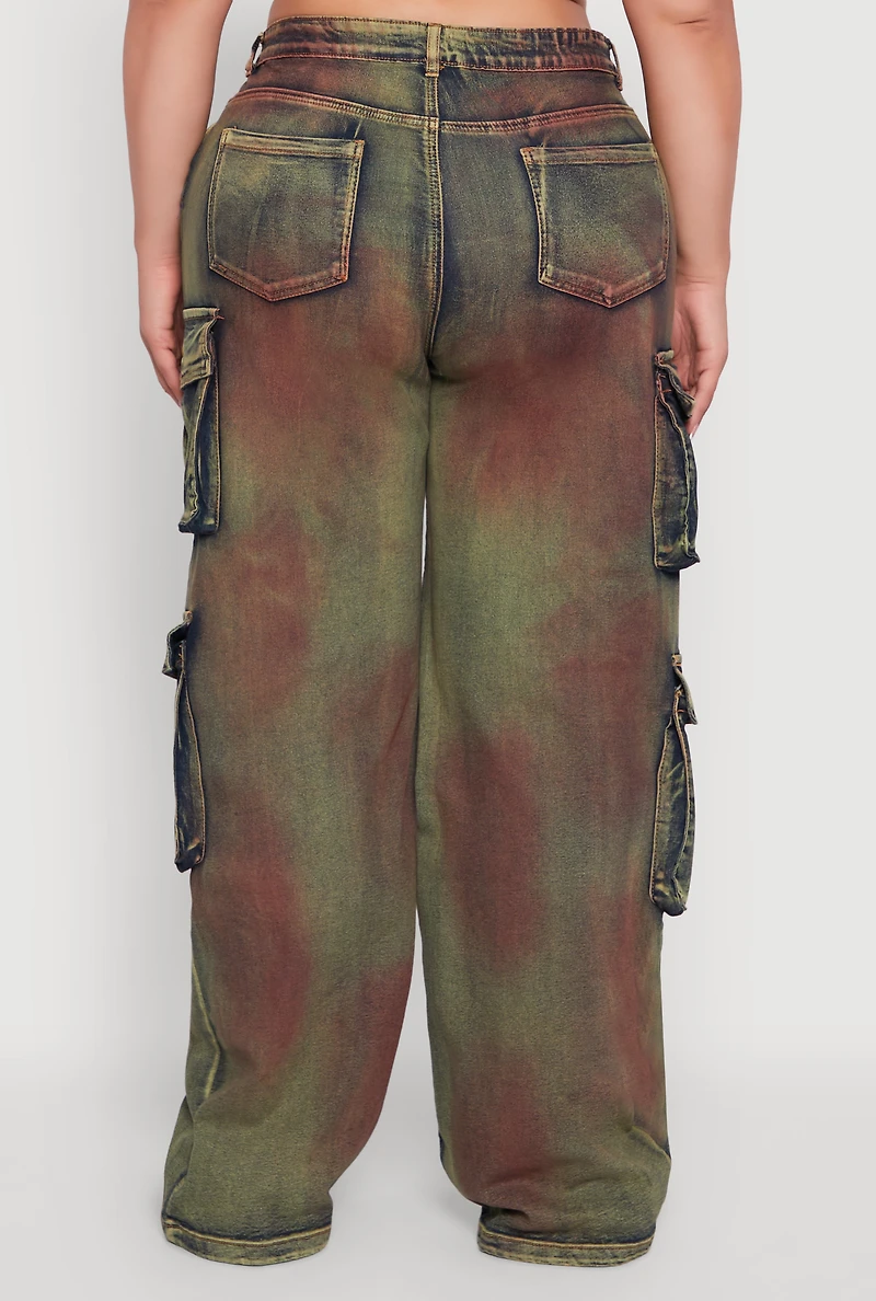 Womens Plus Size High Waisted Wide Leg Jeans with Cargo Pockets, Multi, Size 3X