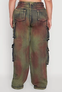 Womens Plus Size High Waisted Wide Leg Jeans with Cargo Pockets, Multi, Size 3X