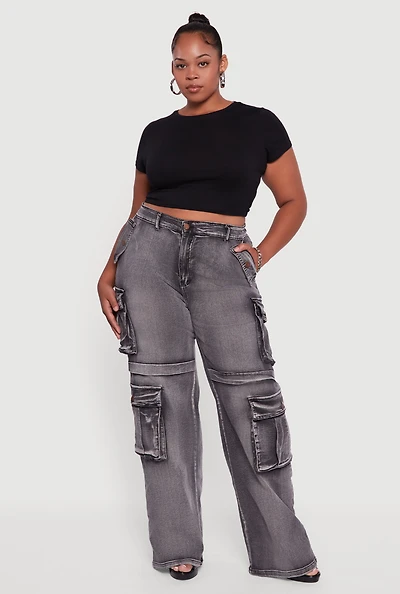 Womens Plus Mineral Wash Straight Leg Cargo Jeans, Grey,