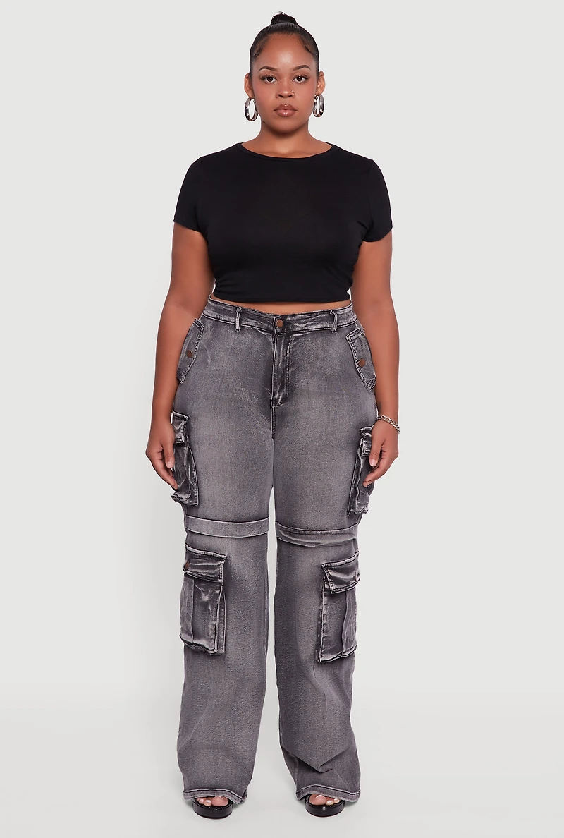 Womens Plus Size Mineral Wash Straight Leg Cargo Jeans, Grey, Size 1X