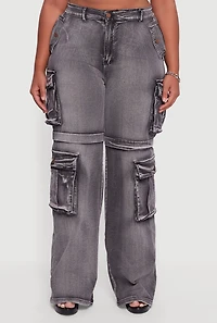 Womens Plus Mineral Wash Straight Leg Cargo Jeans, Grey,