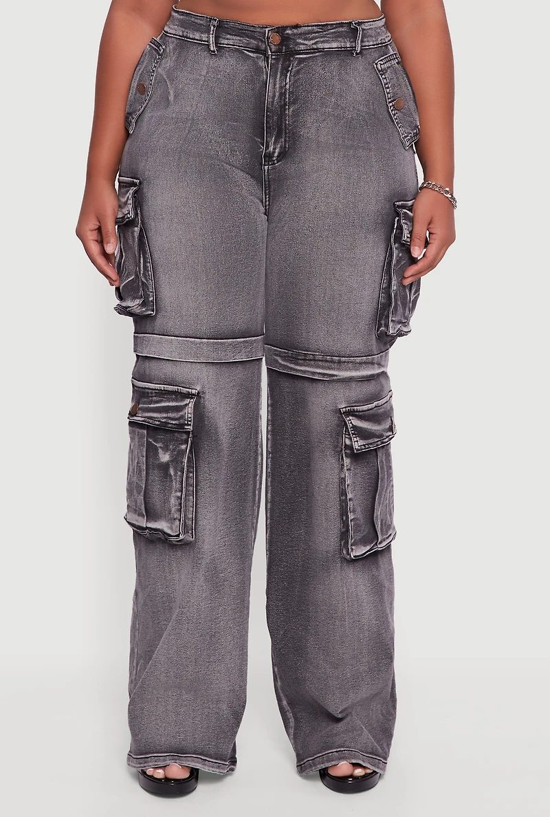 Womens Plus Size Mineral Wash Straight Leg Cargo Jeans, Grey, Size 1X