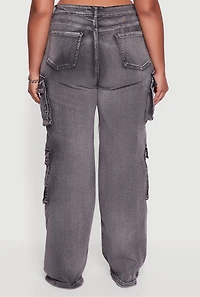 Womens Plus Mineral Wash Straight Leg Cargo Jeans, Grey,