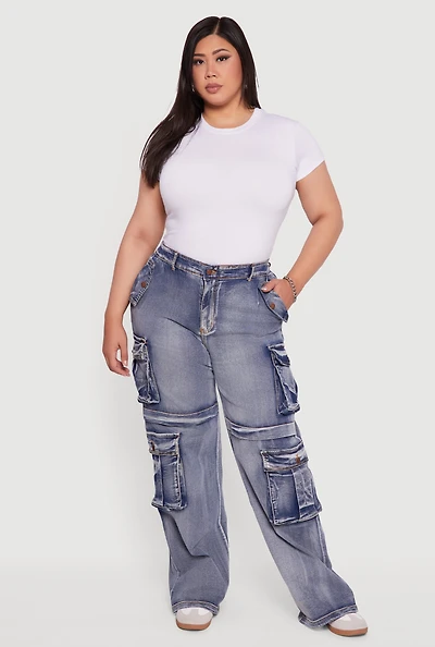 Plus Mineral Wash Straight Leg Cargo Jeans