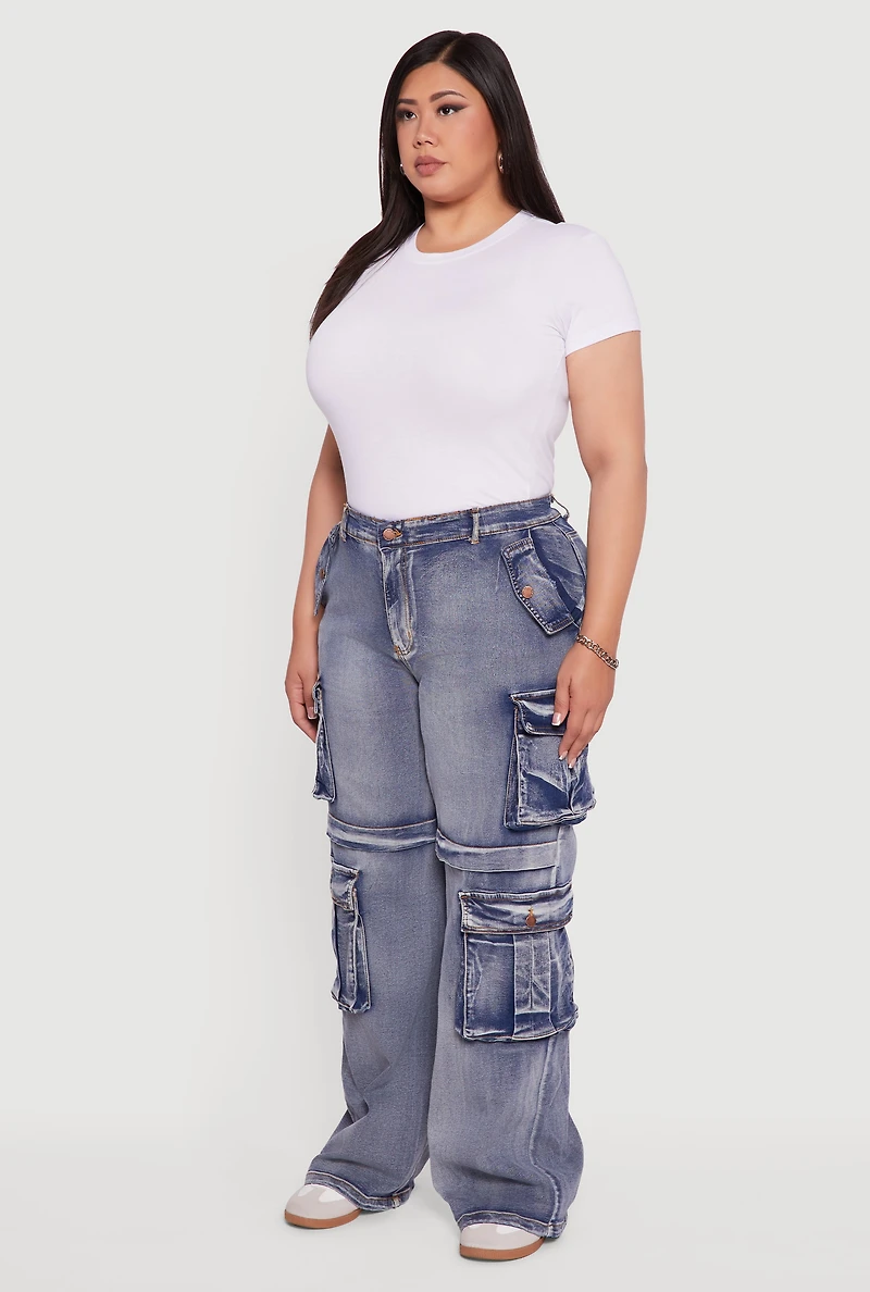 Womens Plus Mineral Wash Straight Leg Cargo Jeans,