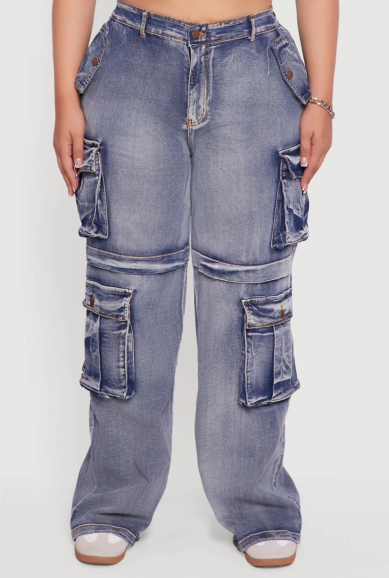 Womens Plus Mineral Wash Straight Leg Cargo Jeans,