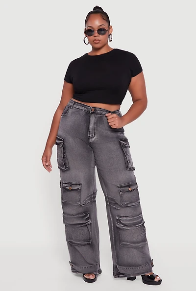 Womens Plus Size Mineral Wash Utility Jeans, Grey, Size 3X