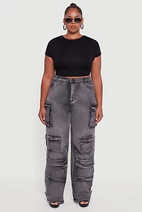 Womens Plus Size Mineral Wash Utility Jeans, Grey, Size 3X