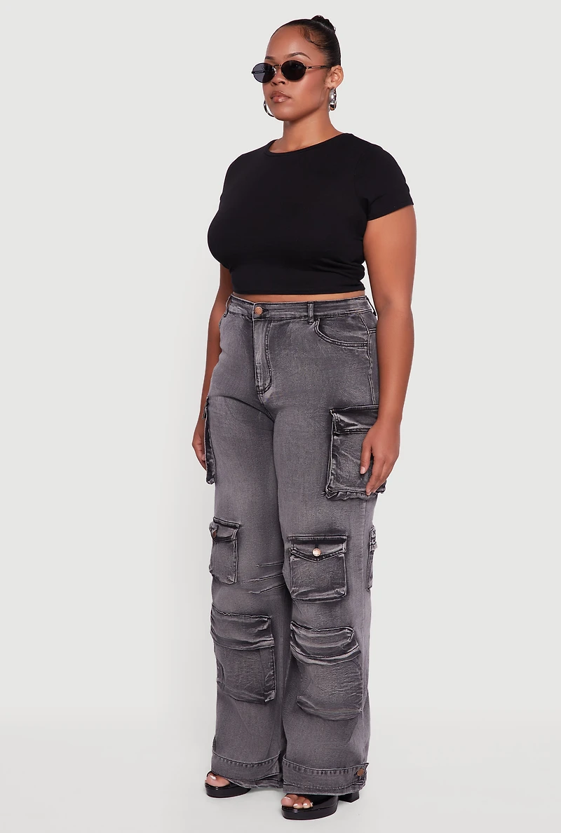 Womens Plus Mineral Wash Utility Jeans, Grey,