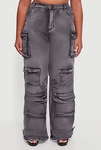 Womens Plus Size Mineral Wash Utility Jeans, Grey, Size 3X