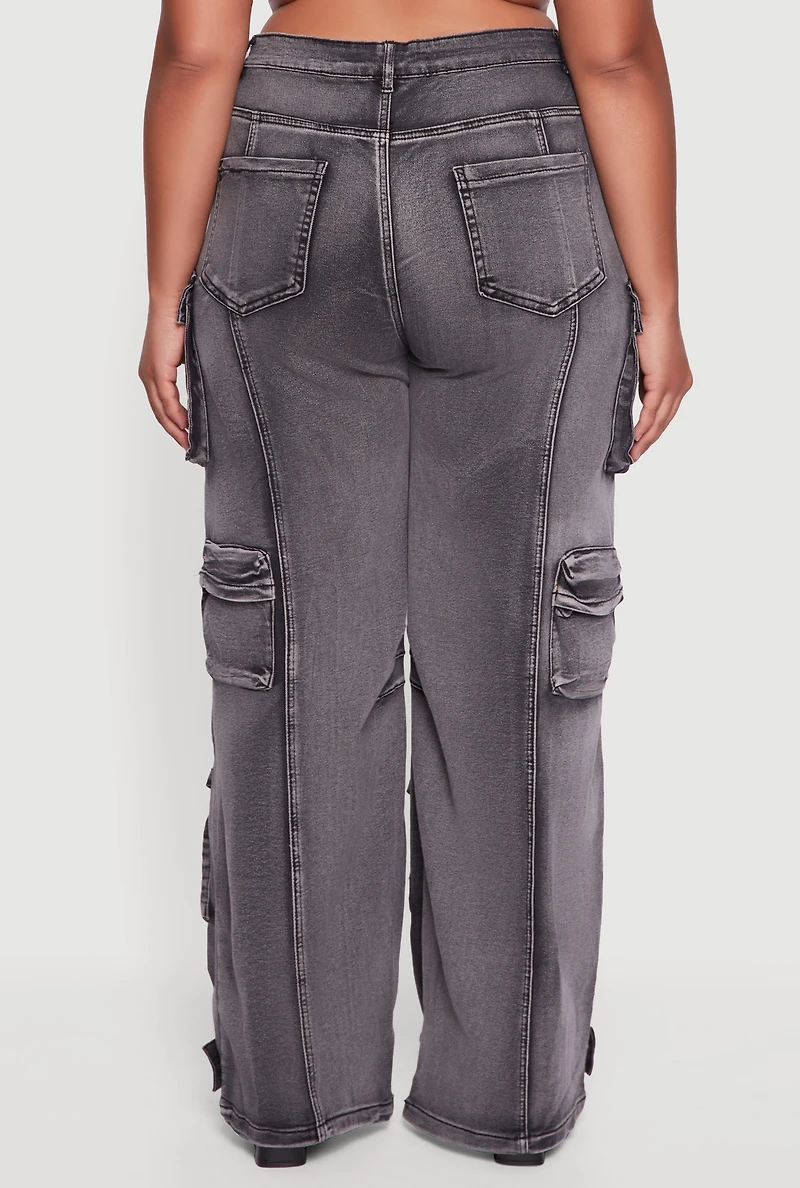 Womens Plus Size Mineral Wash Utility Jeans, Grey, Size 3X