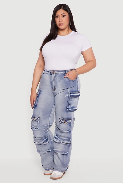 Womens Plus Size Mineral Wash Utility Jeans, Blue, Size 2X