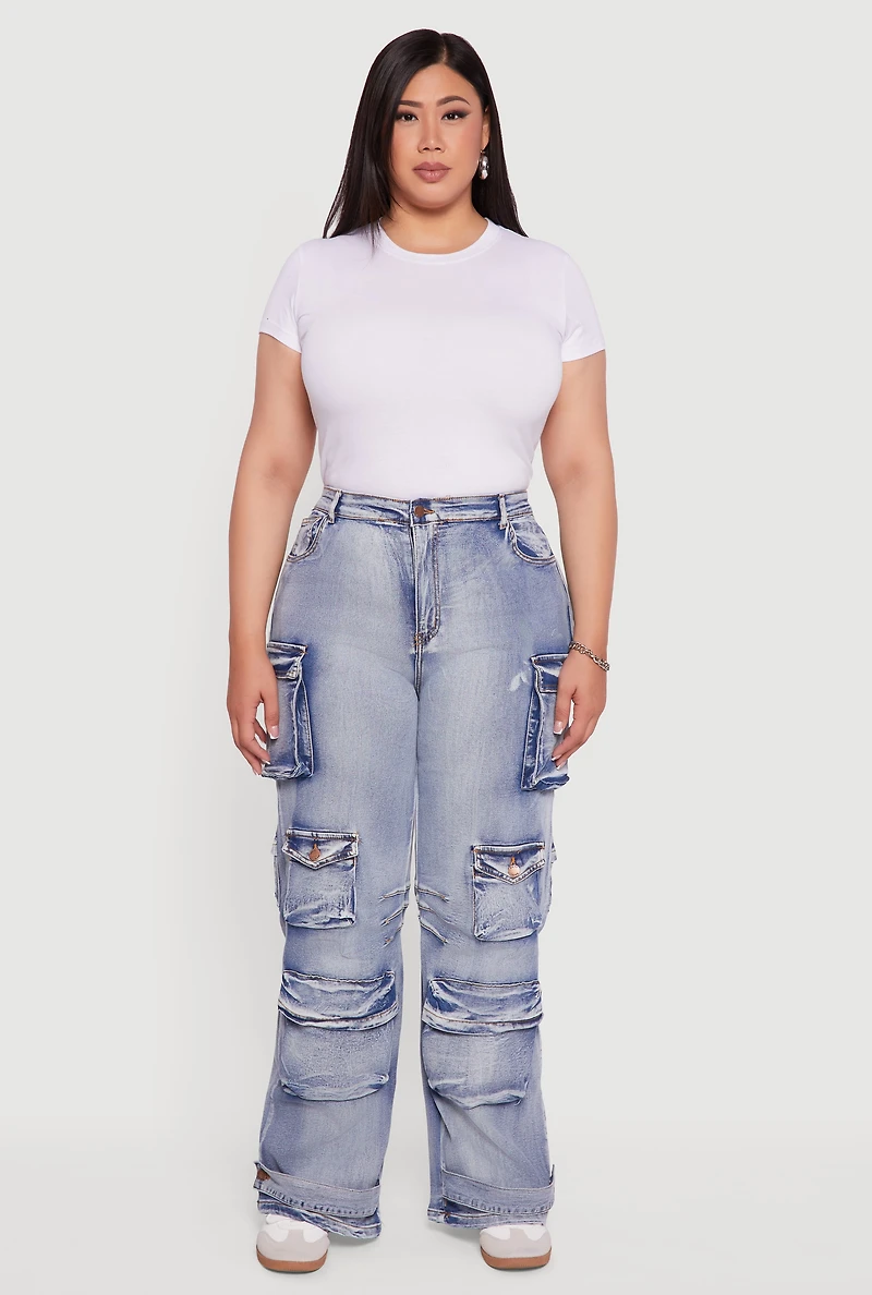Womens Plus Size Mineral Wash Utility Jeans, Blue, Size 2X