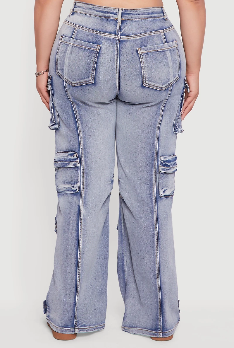 Womens Plus Mineral Wash Utility Jeans, Blue,