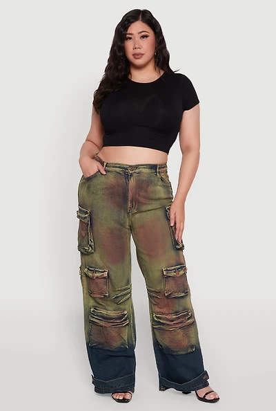 Womens Plus Size Daisy High Waisted Wide Leg Utility Jeans, Multi, Size 2X