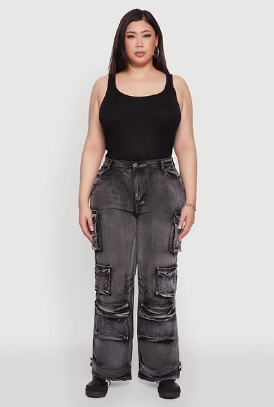Womens Plus Daisy High Waisted Straight Leg Denim Jeans with Cargo Pockets,