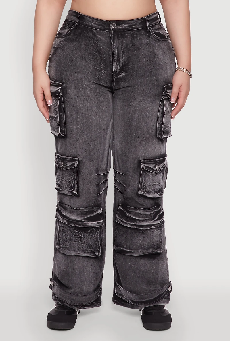 Womens Plus Size Daisy High Waisted Straight Leg Denim Jeans with Cargo Pockets, Black, Size 1X
