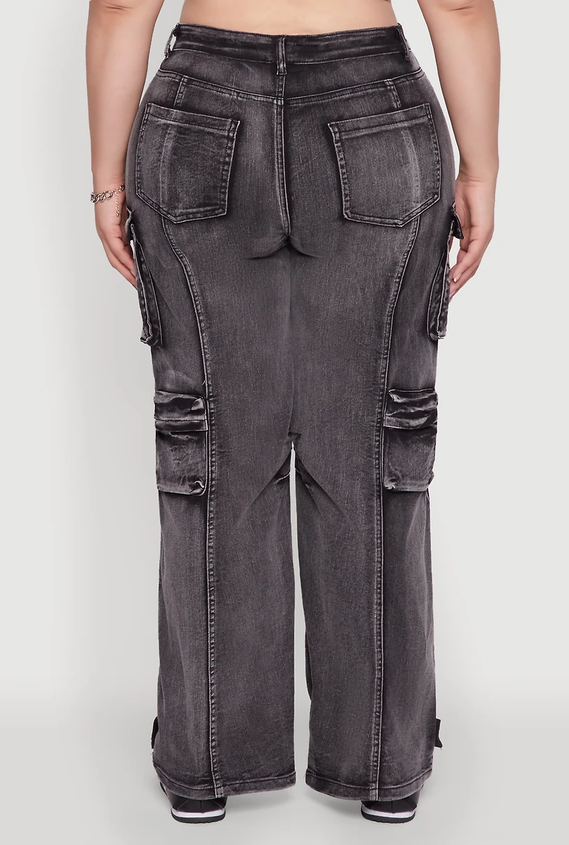Womens Plus Size Daisy High Waisted Straight Leg Denim Jeans with Cargo Pockets, Black, Size 1X