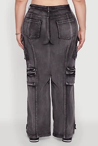 Womens Plus Size Daisy High Waisted Straight Leg Denim Jeans with Cargo Pockets, Black, Size 1X