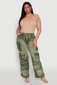 Womens Plus Size Daisy High Waisted Straight Leg Denim Jeans with Cargo Pockets, Green, Size 3X