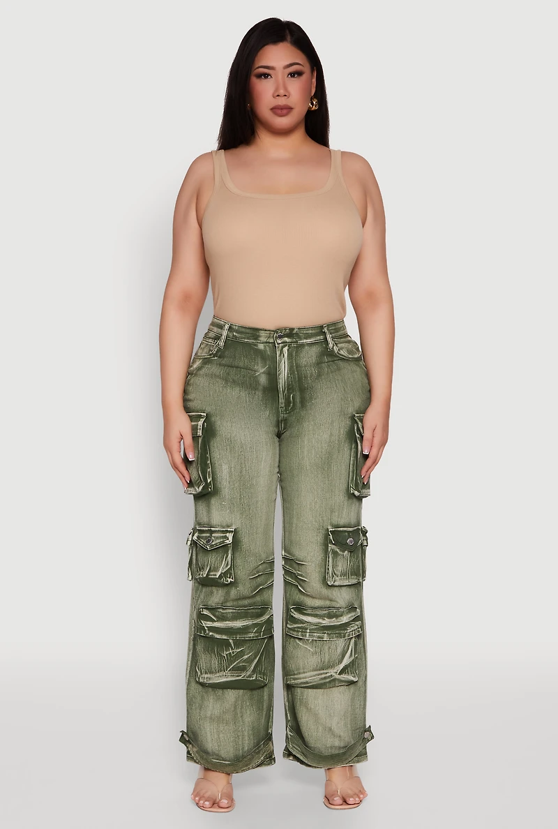 Womens Plus Size Daisy High Waisted Straight Leg Denim Jeans with Cargo Pockets, Green, Size 3X
