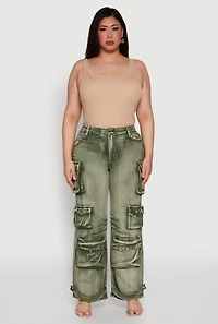 Womens Plus Size Daisy High Waisted Straight Leg Denim Jeans with Cargo Pockets, Green, Size 3X