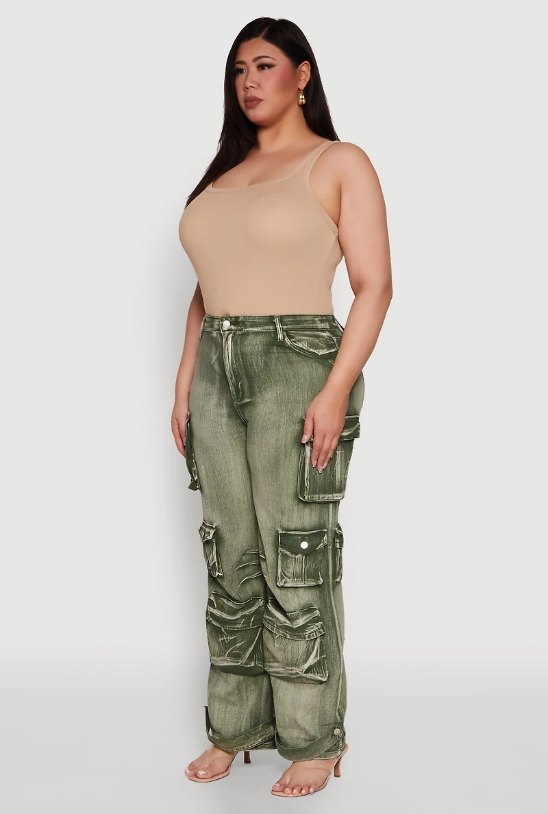 Womens Plus Size Daisy High Waisted Straight Leg Denim Jeans with Cargo Pockets, Green, Size 3X