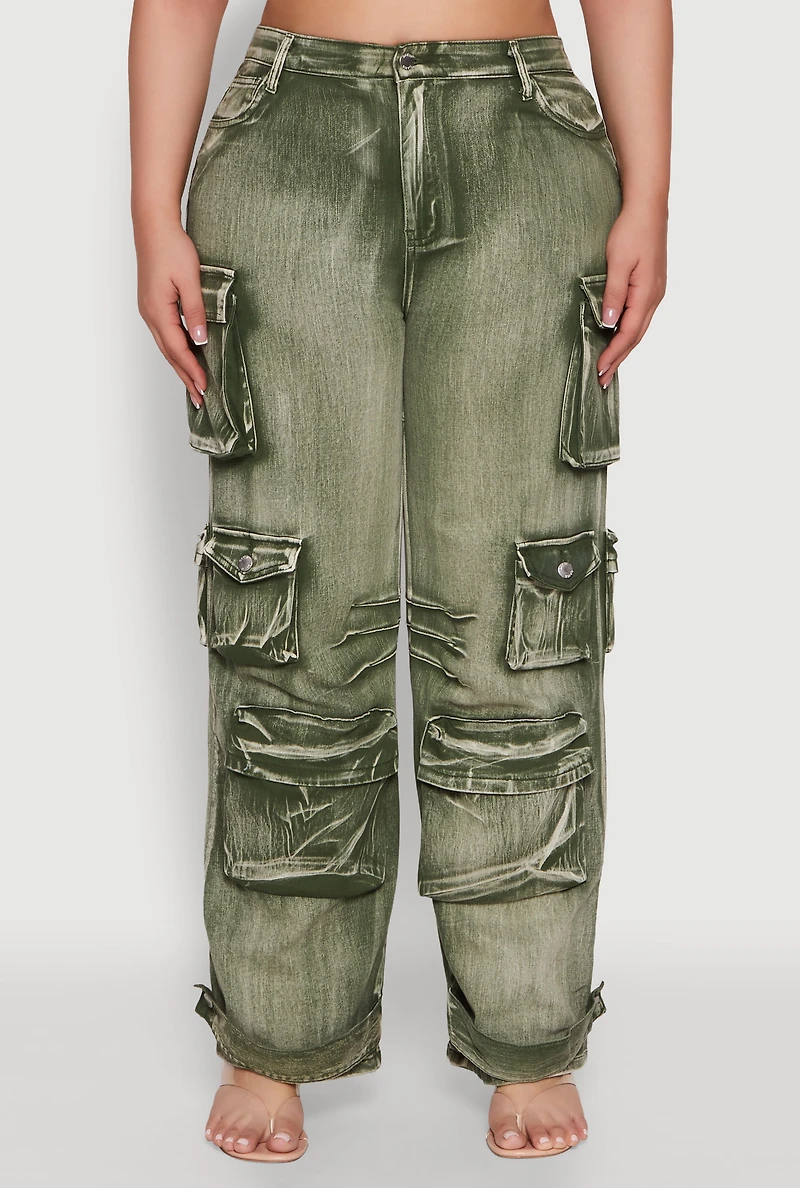 Womens Plus Size Daisy High Waisted Straight Leg Denim Jeans with Cargo Pockets, Green, Size 3X
