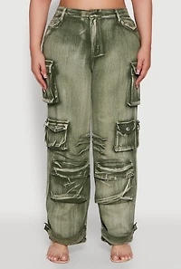 Womens Plus Size Daisy High Waisted Straight Leg Denim Jeans with Cargo Pockets, Green, Size 3X