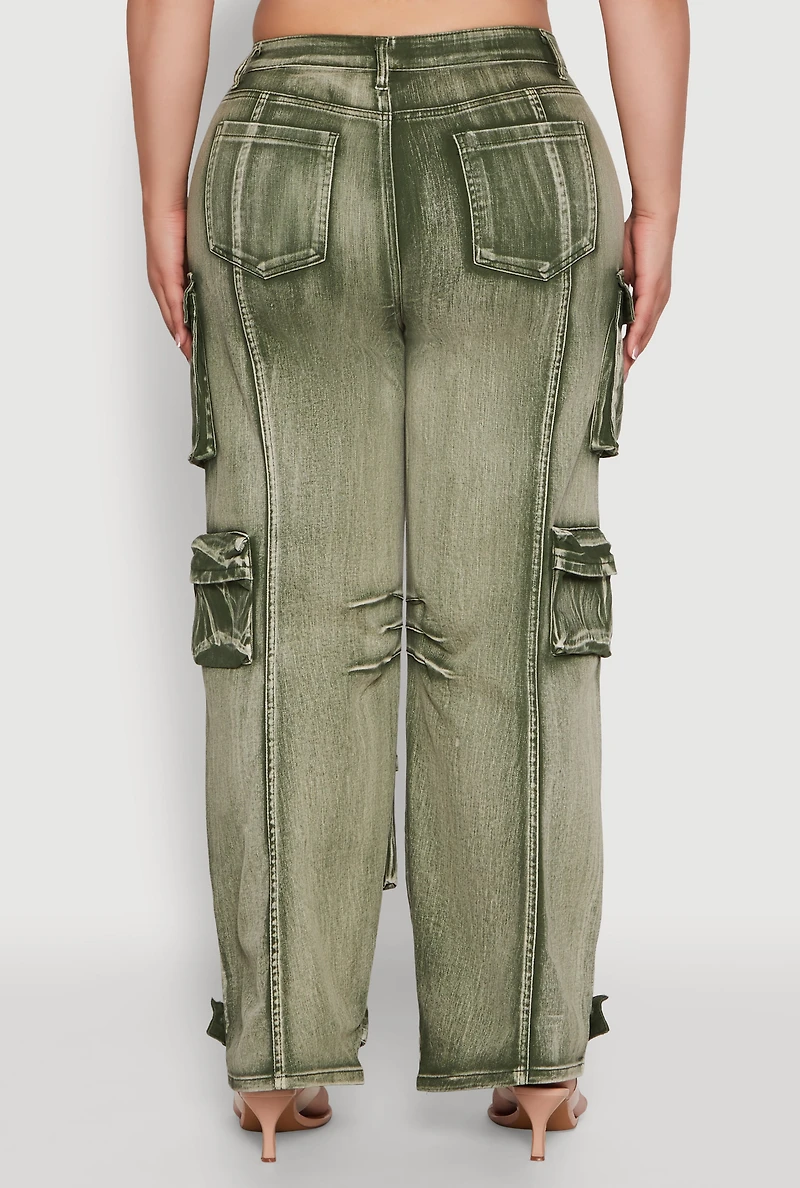 Womens Plus Size Daisy High Waisted Straight Leg Denim Jeans with Cargo Pockets, Green, Size 3X