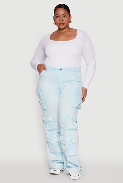 Womens Plus Daisy High Waisted Straight Leg Denim Jeans with Cargo Pockets,