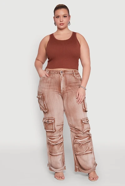 Womens Plus Daisy High Waisted Straight Leg Denim Jeans with Cargo Pockets, 3X
