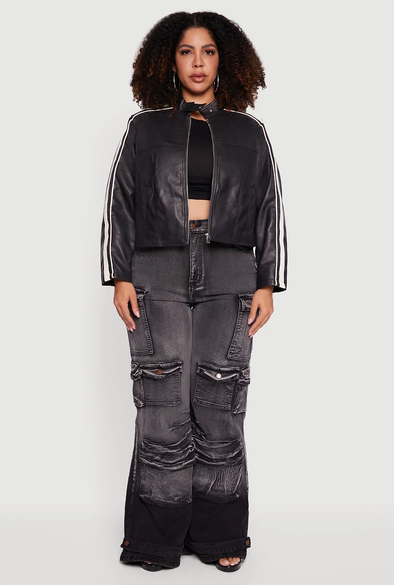 Womens Plus Size Ombre Acid Wash Flare Leg Cargo Jeans, Black, Size 1X