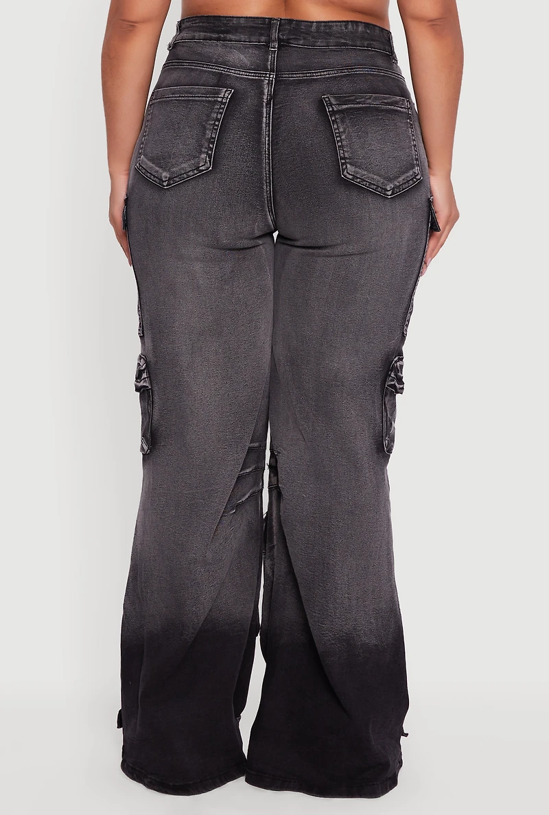 Womens Plus Size Ombre Acid Wash Flare Leg Cargo Jeans, Black, Size 1X