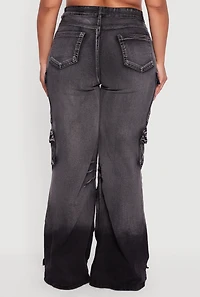 Womens Plus Size Ombre Acid Wash Flare Leg Cargo Jeans, Black, Size 1X
