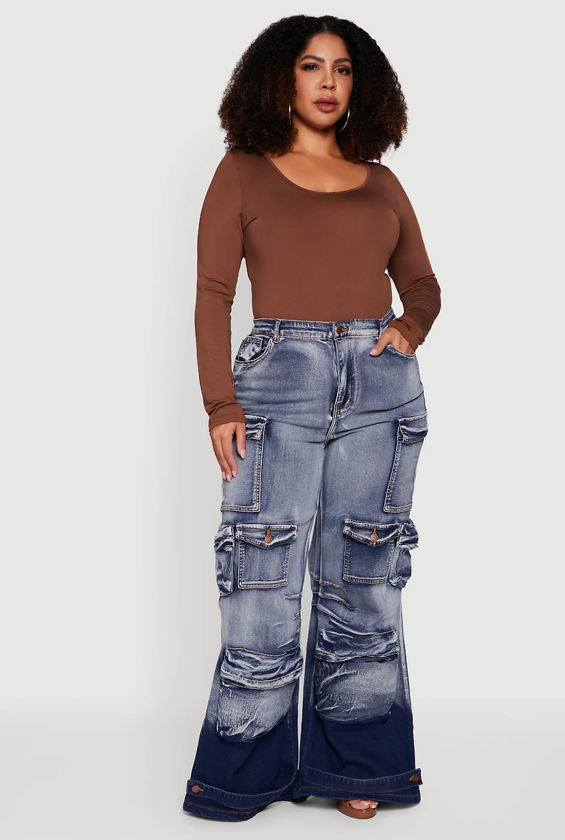 Womens Plus Size Ombre Acid Wash Flare Leg Cargo Jeans, Blue, Size 2X