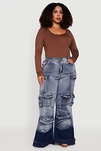 Womens Plus Size Ombre Acid Wash Flare Leg Cargo Jeans, Blue, Size 2X