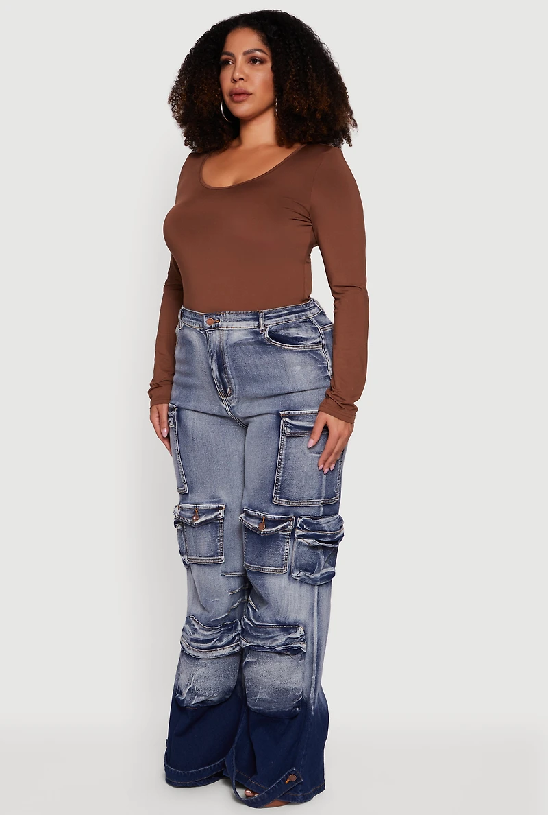 Plus Ombre Acid Wash Flare Leg Cargo Jeans