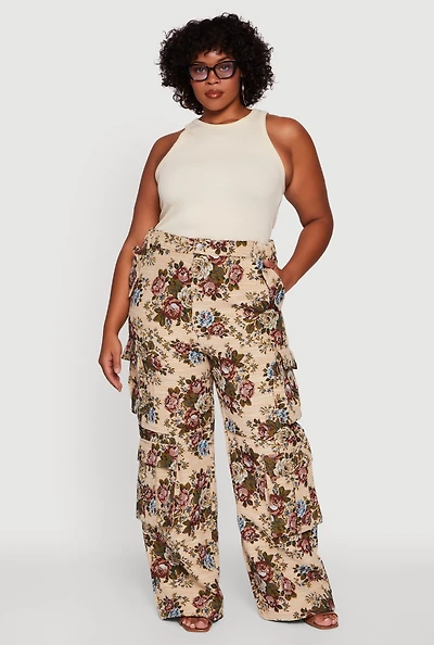 Womens Plus Marled Floral Print High Waisted Cargo Pants, Multi,