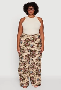 Womens Plus Size Marled Floral Print High Waisted Cargo Pants, Multi, Size 3X