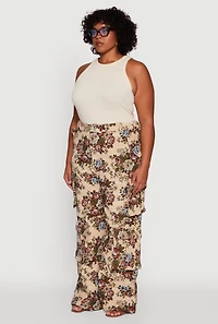 Womens Plus Marled Floral Print High Waisted Cargo Pants, Multi,