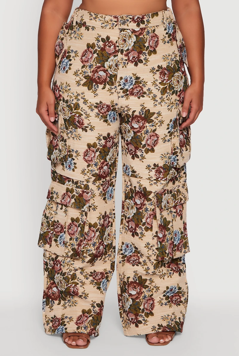 Womens Plus Marled Floral Print High Waisted Cargo Pants, Multi,