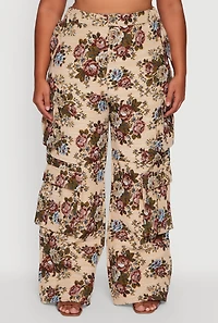 Womens Plus Marled Floral Print High Waisted Cargo Pants, Multi,