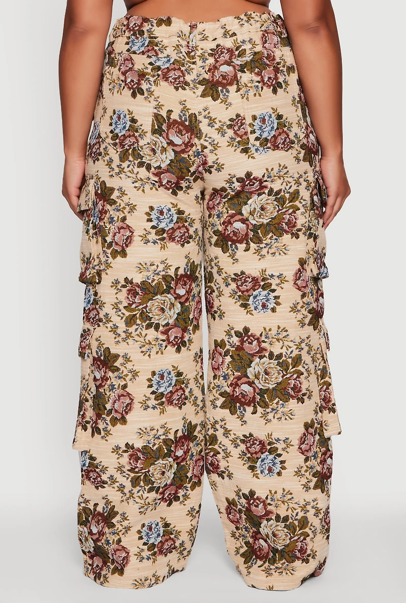 Womens Plus Marled Floral Print High Waisted Cargo Pants, Multi,