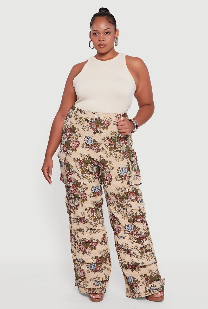 Womens Plus Size Floral Jacquard Wide Leg Utility Pants, Multi, Size 1X