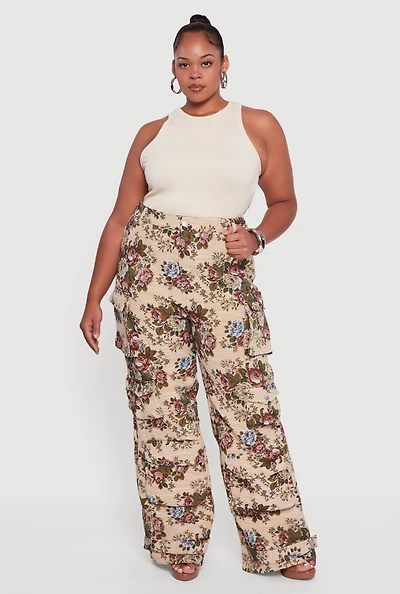 Womens Plus Size Floral Jacquard Wide Leg Utility Pants, Multi, Size 1X