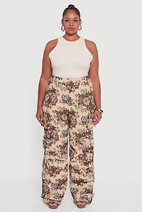 Womens Plus Size Floral Jacquard Wide Leg Utility Pants, Multi, Size 1X