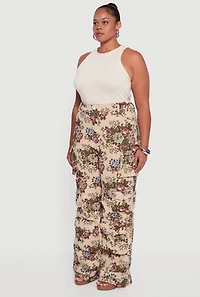 Womens Plus Size Floral Jacquard Wide Leg Utility Pants, Multi, Size 1X