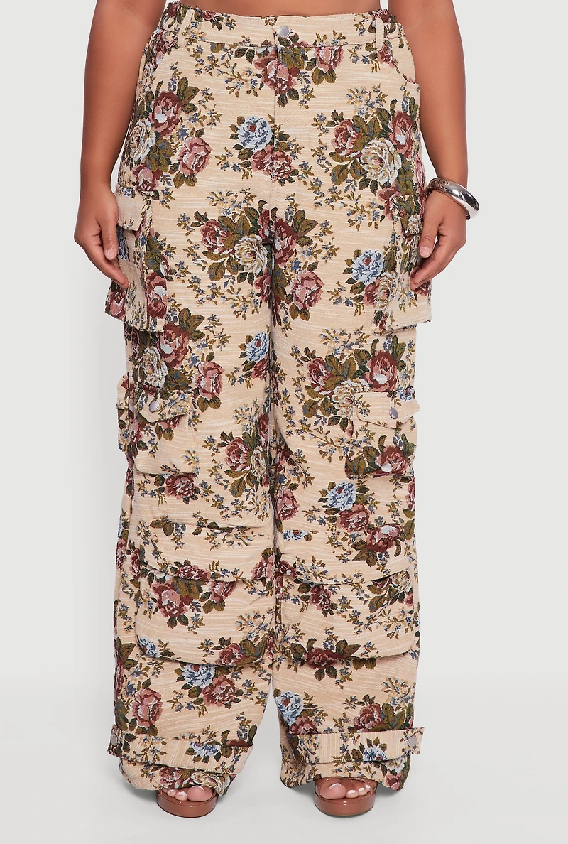 Womens Plus Size Floral Jacquard Wide Leg Utility Pants, Multi, Size 1X
