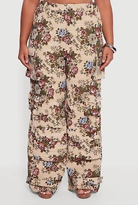 Womens Plus Size Floral Jacquard Wide Leg Utility Pants, Multi, Size 1X